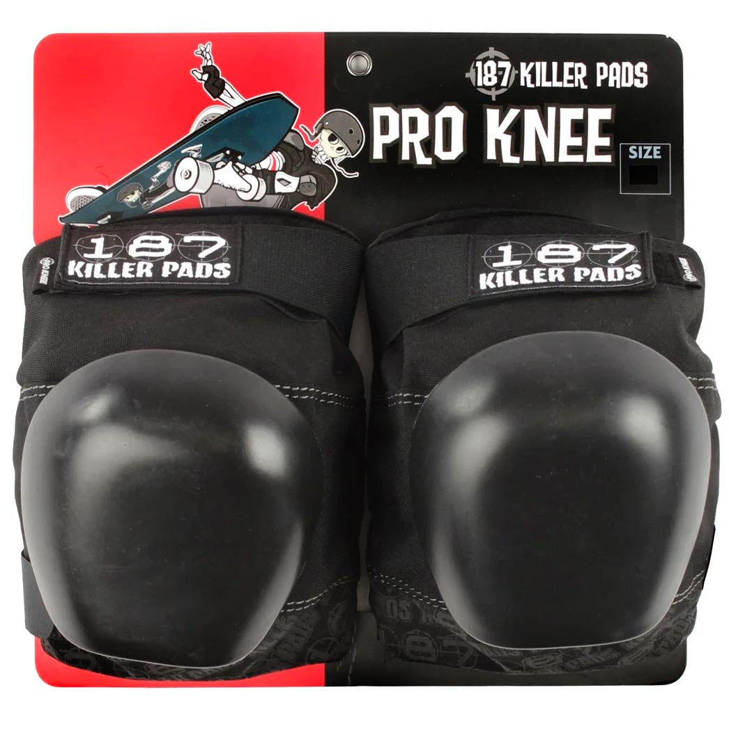 A pair of 187 Killer Pads - Pro Knee Pads in black, from the brand Sunshine Rollers, arrives in sleek packaging that highlights premier kneepad protection. The red and black design features a cartoon skateboarder and includes labels that display the product name and size, emphasizing superior safety for skateboard enthusiasts.