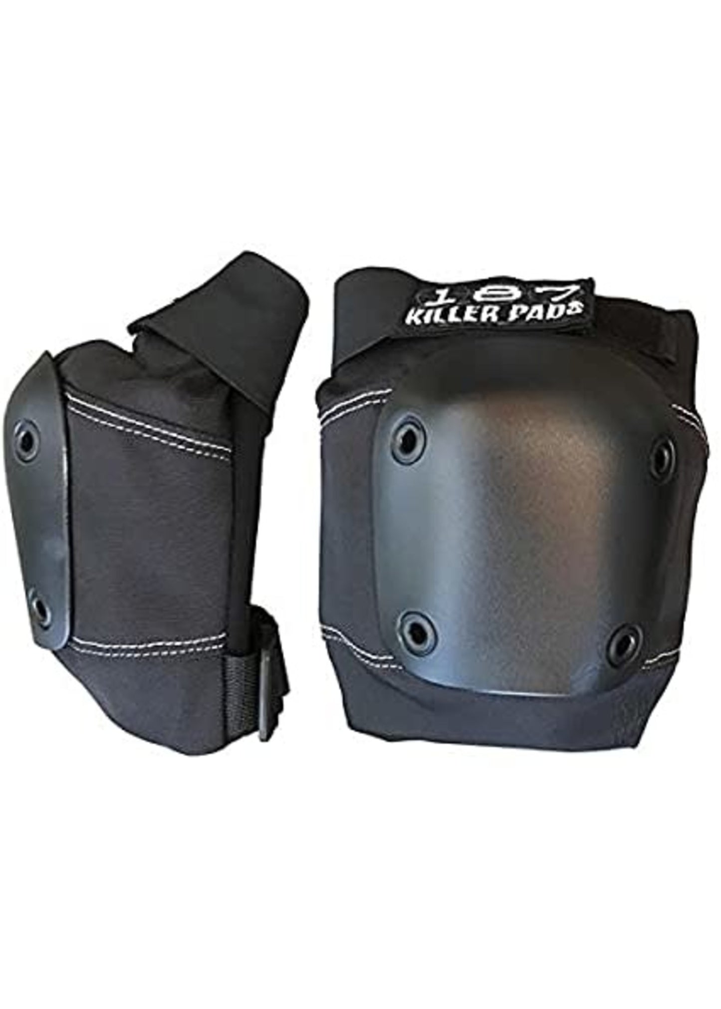 A pair of black protective skateboarding pads from Sunshine Rollers, featuring a knee pad with prominent stitching and round rivets. Crafted from ballistic nylon, the brand name is visible on the top strap of these 187 Killer Pads - Slim Knee Pads (Black), ensuring durability and protection.