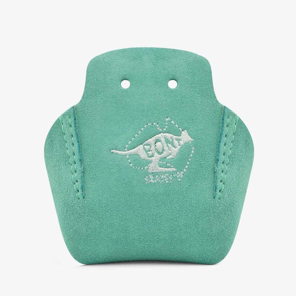 A pair of teal suede toe guards with a two-finger slot design, showcasing a white embroidered kangaroo on the front. Crafted from durable leather by Sunshine Rollers, these Bont Stitched Suede Toe Guards combine elegance and performance for athletes, lying flat against a white background.