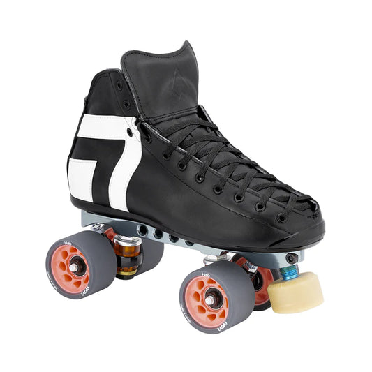 A black and white roller skate featuring orange and black wheels is displayed against a simple white background. The Antik - AR2 (Derby Set) by Sunshine Rollers boasts a high-top design, lace-up front, and a distinctive white stripe on the side, making it ideal for park and derby skating. It comes with PowerDyne Reactor Pro plates for enhanced performance.