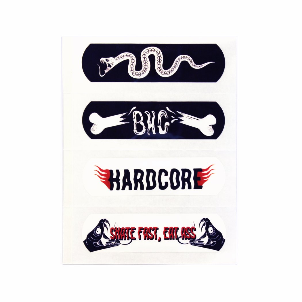 The image features four decals: a snake, "BIG" with bones, "HARDCORE" with flames, and two hands displaying middle fingers alongside the bold phrase "SNIFF FAST, SKATE FAST." This is part of the BandAids - Brunny Hardcore (16 Pack) by Sunshine Rollers.