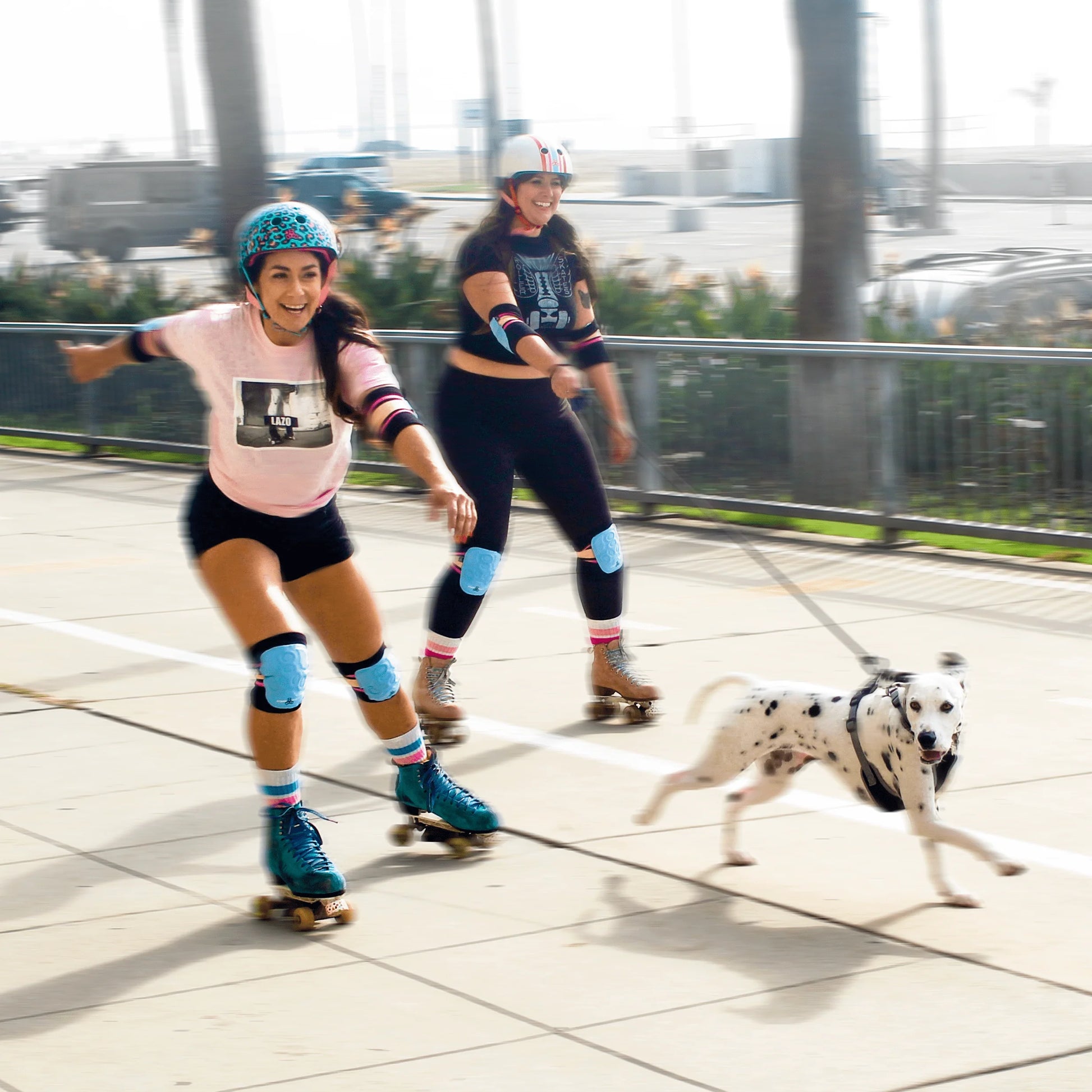 Two women roller skate joyfully along a seaside path, wearing helmets and Sunshine Rollers' Triple Eight - Covert Knee Pads in the Sunset color. One woman is holding the leash of a playful Dalmatian dog. Palm trees and parked cars are visible in the background, enhancing the picturesque scene.