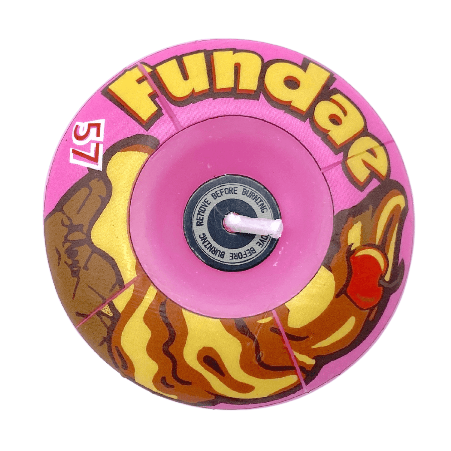 Close-up of a pink skateboard wheel with the word "Fundae" in bold letters from Sunshine Rollers, showcasing images of ice cream sundaes topped with chocolate and cherries. The number 57 and a hint of the Moxi - Fundae Skate/Sk8 Candle (Grind Wax) enhance its grip for smooth rides.