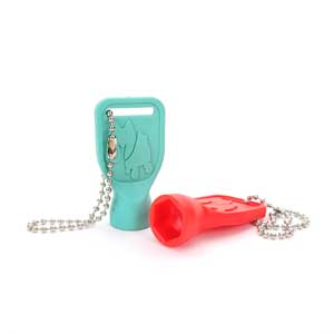 Introducing the Moxi - Axle Nut Driver Keychain/Tool (Vice Versa) by Sunshine Rollers: This set includes two vibrant keychains—one turquoise and one red—both featuring stylish engravings and convenient ball chains. Perfect for skaters, the turquoise tool stands upright, while the red one lies on its side. These essential accessories not only add a pop of color but also serve as practical keychain tools.