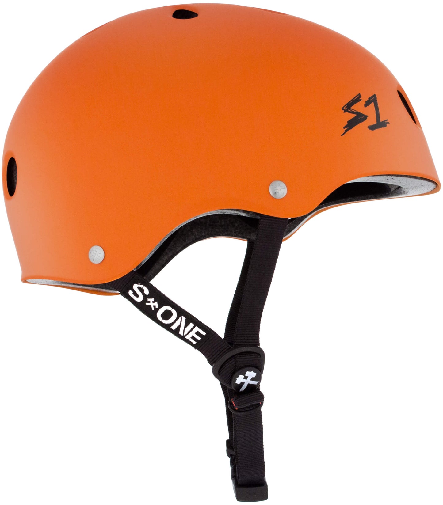 This vibrant orange Helmet Rental (Open Skate) by Sunshine Rollers is perfect for those learning to skate or in need of a rental helmet. It features a black chin strap adorned with S-ONE branding, a visible black S1 logo, and several ventilation holes.