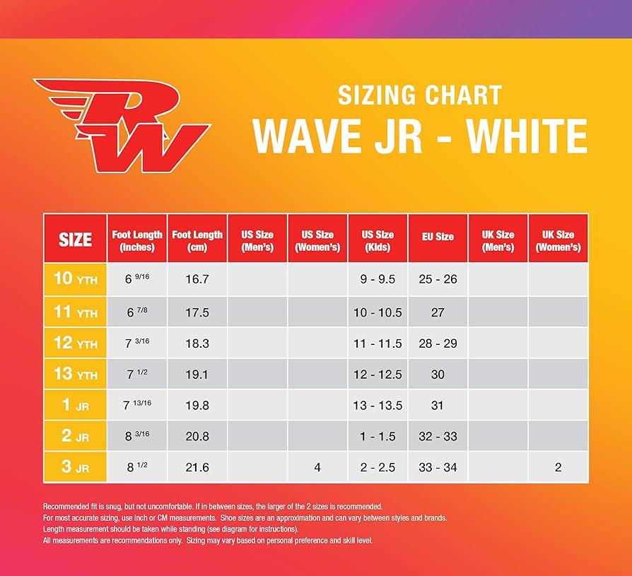 Sizing Chart for Riedell RW Wave Roller Skates
