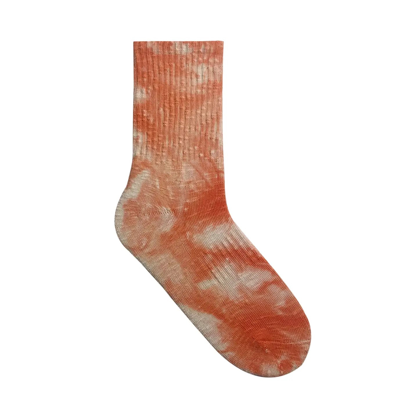 Tie-dye sock in orange and white on a white background