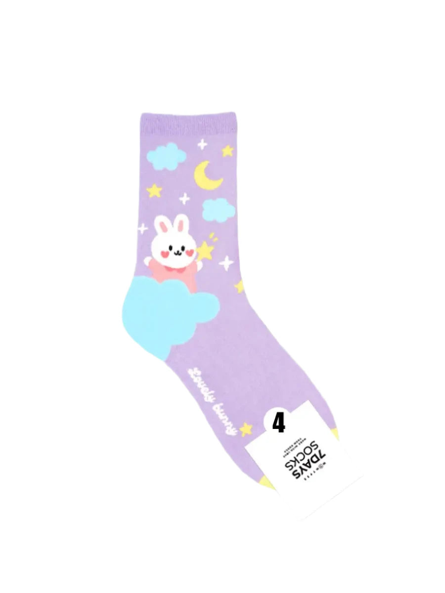 Purple sock with cartoon character and cloud design on a light gray background