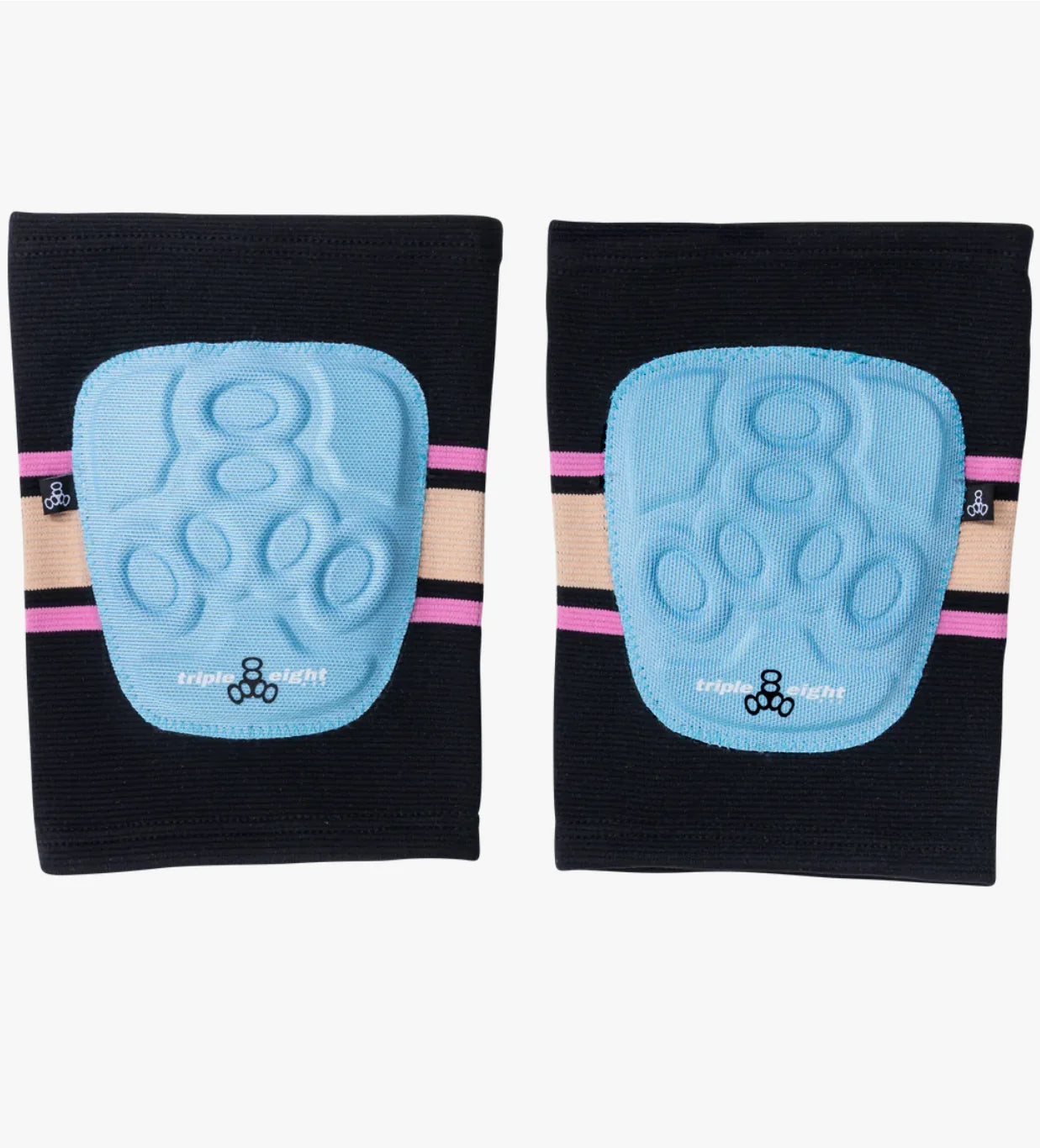 A pair of Triple Eight Covert Knee Pads - Sunset from Sunshine Rollers, featuring a black design with blue EVA padding and pink and beige stripes. These knee pads include a textured hexagonal pattern and prominently display the Triple 8 logo on the front, offering flexible construction for optimal comfort.