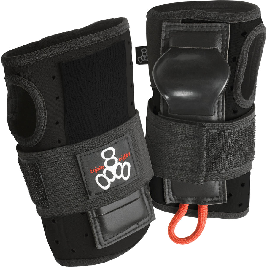 Introducing the Triple Eight - RD Roller Derby Wristguard by Sunshine Rollers, a black pair of protective wrist guards designed specifically for roller derby enthusiasts. These guards boast high-density splints to ensure maximum support, complemented by adjustable Velcro straps for a secure fit. Each guard prominently features the Sunshine Rollers brand logo, accented with stylized white circles and a convenient small red loop for easy handling.
