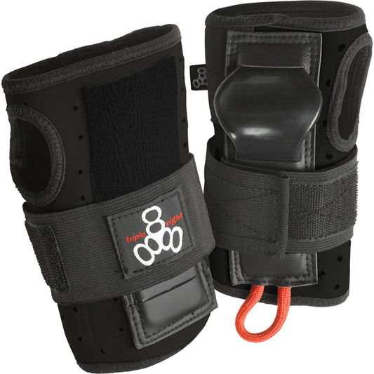 Introducing the Triple Eight - RD Roller Derby Wristguard by Sunshine Rollers, a black pair of protective wrist guards designed specifically for roller derby enthusiasts. These guards boast high-density splints to ensure maximum support, complemented by adjustable Velcro straps for a secure fit. Each guard prominently features the Sunshine Rollers brand logo, accented with stylized white circles and a convenient small red loop for easy handling.