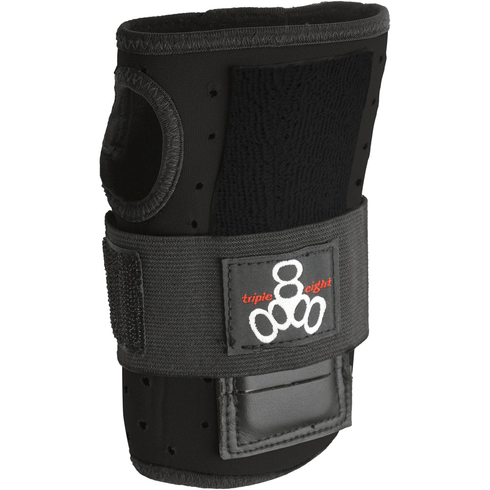 The Triple Eight - RD Roller Derby Wristguard, by Sunshine Rollers, is a black wrist protector crafted for roller derby. It incorporates high-density splints and reinforced padding for enhanced protection. Featuring a wide strap with Velcro fastening and a distinctive white logo of three connected circles, it is made from breathable material to ensure comfort and support during intense skating sessions.