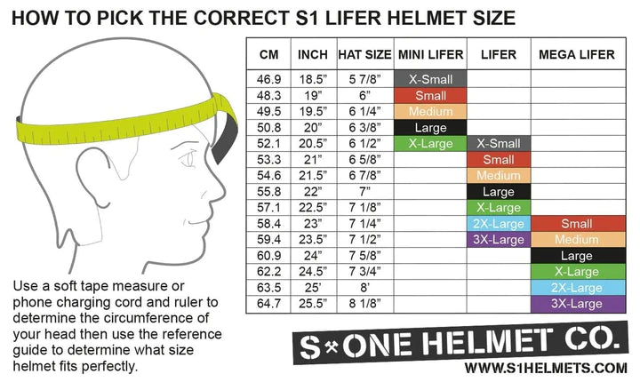A visual guide for the S1 Lifer Helmet - Black & White Tie Dye Matte by Sunshine Rollers showcases their certified helmets. It provides head measurements in centimeters and inches, matching U.S. hat sizes, and suggested helmet sizes (Mini Lifer, Lifer, Mega Lifer) presented in a color-coded chart with details about its EPS Fusion Foam construction.