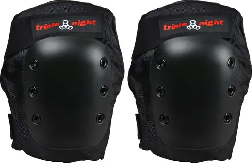 A pair of black KP Pro Knee Pads from Sunshine Rollers, featuring impact-resistant caps and the brand name Triple Eight in red and white on the fabric. Each knee pad is equipped with EVA memory foam, six ventilation holes, and adjustable straps, designed for protective sports gear use.