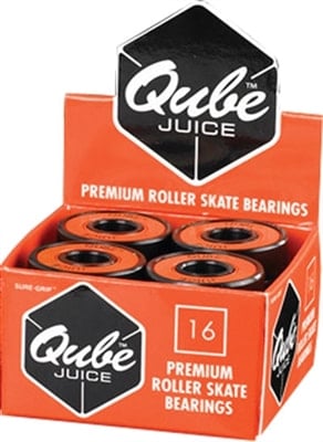 Here is a rewritten version of the sentence using the given product data:
A box of Sunshine Rollers' Qube - Juice 8mm Bearings (16 Pack) enhanced with QUBE 3D technology. The orange and black packaging is open, showcasing four bearings with vibrant orange centers. The set includes a total of 16 high-performance bearings for your roller skating needs.