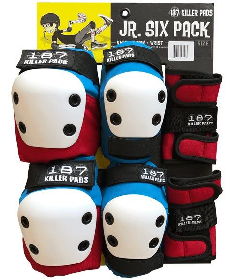 The 187 Killer Pads - Junior 6 Pack Red, White & Blue by Sunshine Rollers is a set of junior protective gear for skating. It includes knee pads, elbow pads, and wrist guards in striking red and blue with white hard shells to ensure top safety and protection. The gear is neatly displayed on packaging labeled as the JR. SIX PACK.