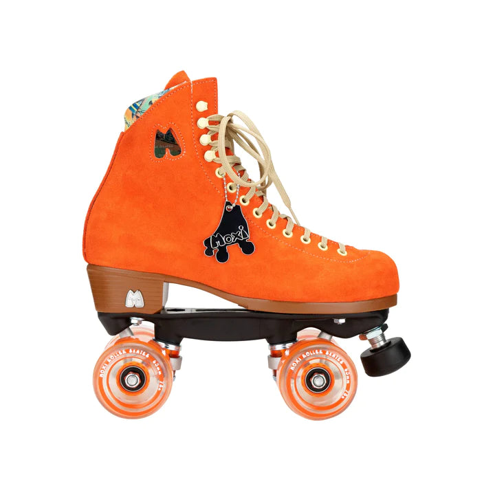 The Moxi Lolly Roller Skates, called "Clementine," by Sunshine Rollers, showcase an orange suede high-top design with white laces and a brown heel. They glide smoothly on orange outdoor wheels and feature a small black dog logo on the side.