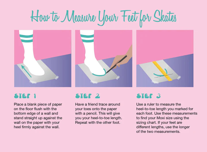 A guide titled "How to Measure Your Feet for Suede High-Top Roller Skates" features three illustrated steps: tracing your feet on paper, measuring from heel-to-toe with a pencil, and using a ruler for length. Follow these detailed instructions to ensure a perfect fit for your Sunshine Rollers Moxi - Lolly (Roller Skates) in the Clementine color and outdoor wheels.