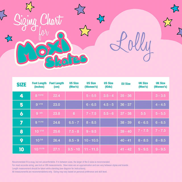 The size chart for the Clementine Moxi Lolly Roller Skates from Sunshine Rollers showcases sizes 4 to 10, providing a comparison of foot lengths in inches and centimeters alongside US (men's, women's, kids'), EU, and UK sizing. The backdrop is a playful pink adorned with stars and lively fonts, reflecting the vibrant spirit of these suede high-top roller skates.