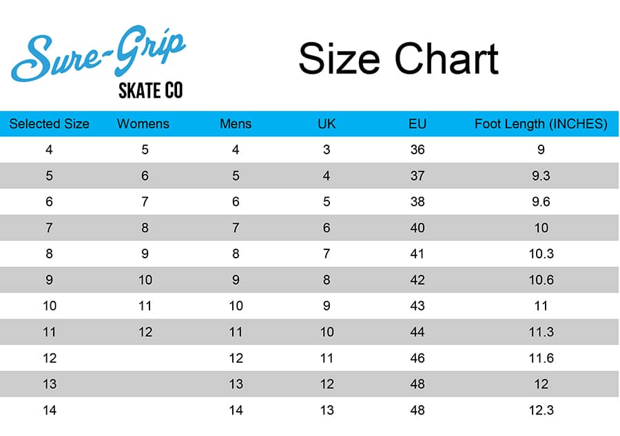 Sure Grip Fame Roller Skates Sizing Chart