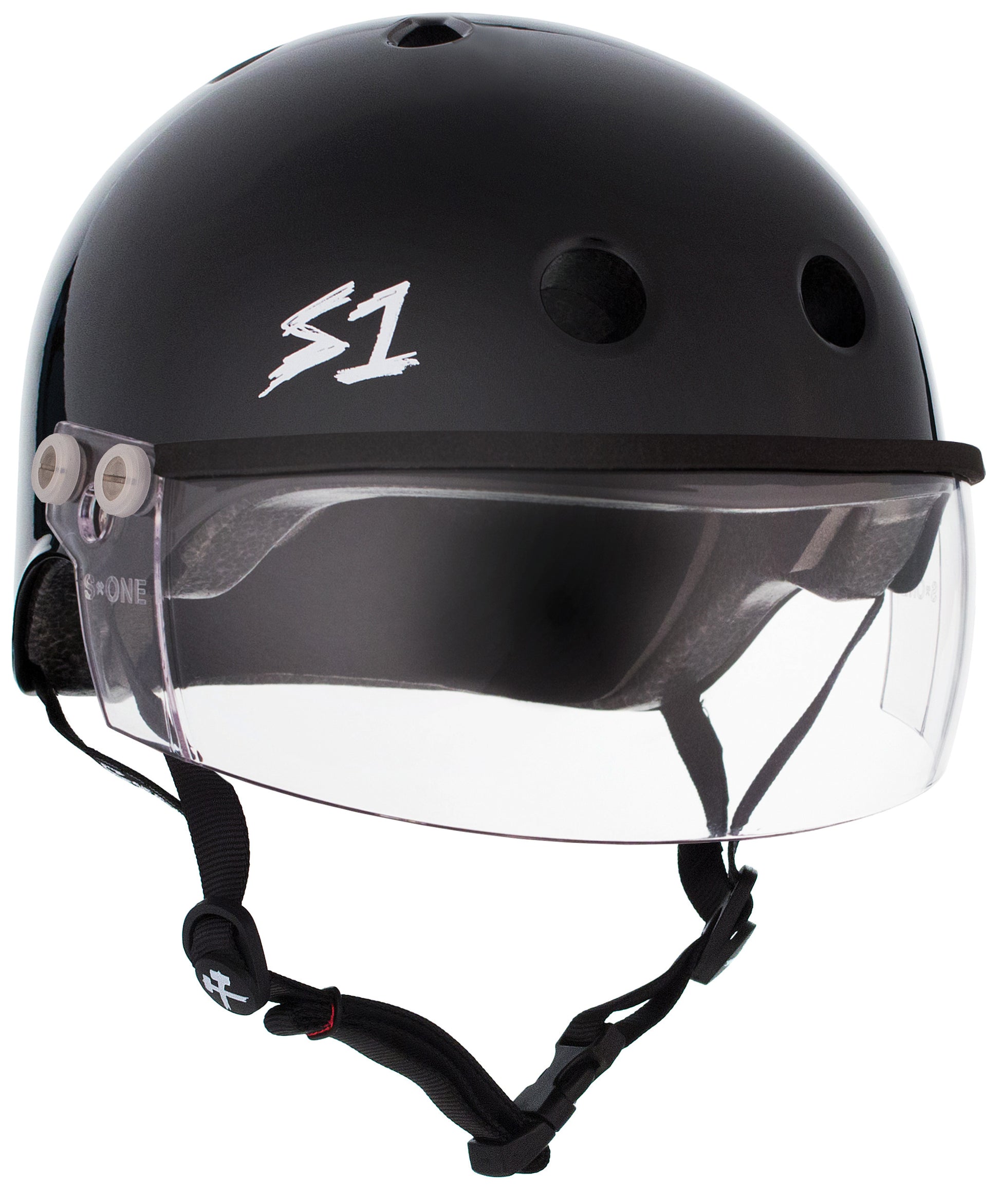 The Sunshine Rollers S1 Lifer Helmet W/ Visor Gen 2 in Gloss Black is adorned with an "S1" logo on the side. It comes equipped with a clear Visor Gen 2 face shield, an adjustable chin strap, and several ventilation holes for optimal airflow, positioning it as a must-have accessory for skateboarders.