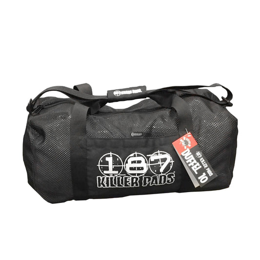 The 187 Killer Pads - Mesh Duffle Bag (Black) by Sunshine Rollers showcases the brand's logo prominently on the front. This compact and portable bag includes a durable handle with a red tag labeled Duffel 10, and it features an adjustable shoulder strap alongside breathable mesh construction.