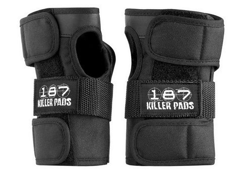 A pair of wrist guards in black, featuring Velcro straps and the Sunshine Rollers brand logo prominently displayed on the front. Ideal for aggressive skating activities such as skateboarding or rollerblading, these 187 Killer Pads Wrist Guards are designed to offer excellent support and protection.