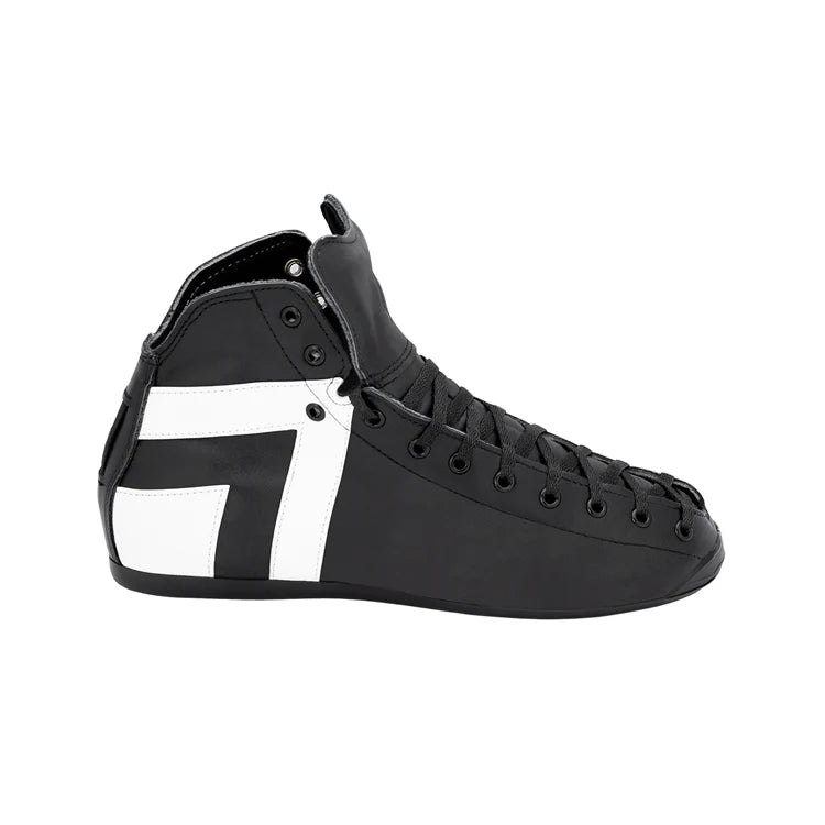 Introducing the Antik - AR2 (Derby Set) by Sunshine Rollers: a black high-top sneaker adorned with a striking white geometric pattern on the side and complemented by black laces. This unique design mirrors the sleek, modern aesthetics of an AR2 boot, creating a stunning contrast against a plain white background.