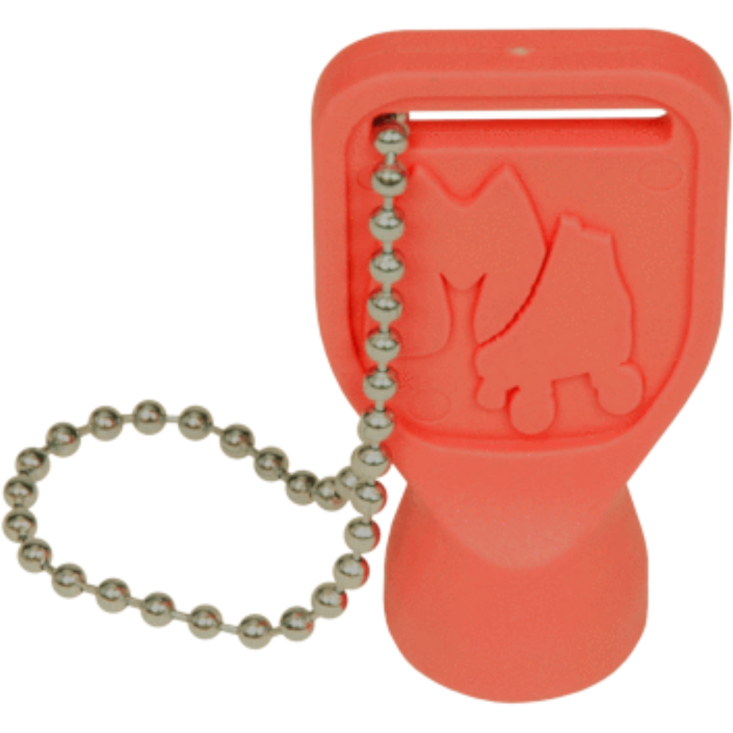 The Sunshine Rollers Axle Nut Driver Keychain Tool in red, featuring an embossed design of roller skates and a playful cat, comes with an attached chain.