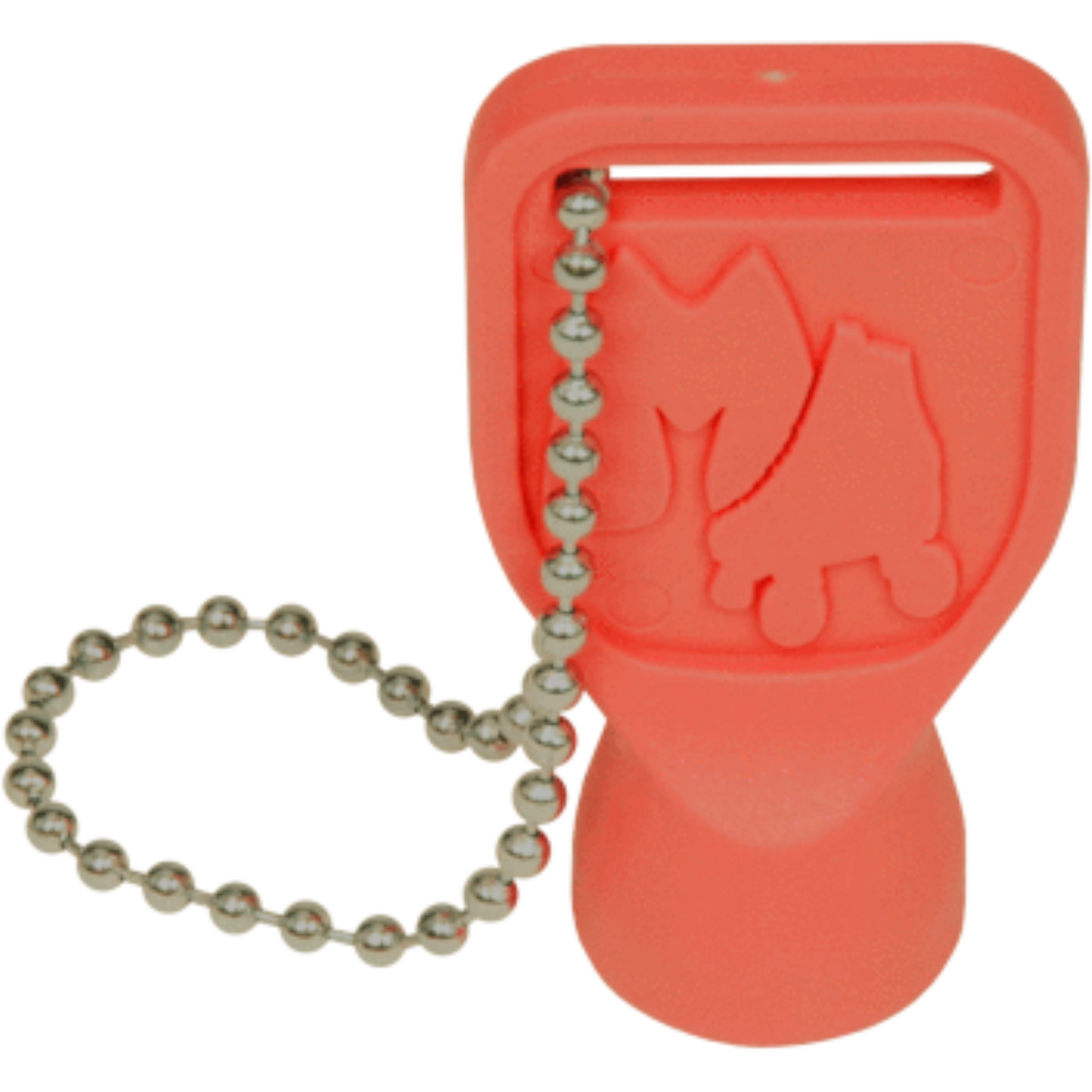 The Sunshine Rollers Axle Nut Driver Keychain Tool in red, featuring an embossed design of roller skates and a playful cat, comes with an attached chain.