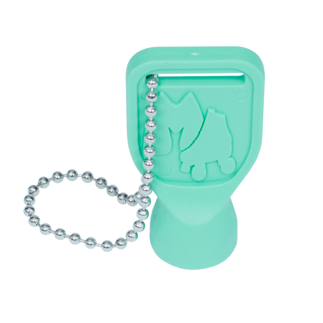 A quirky turquoise Moxi - Axle Nut Driver Keychain/Tool (Vice Versa) from Sunshine Rollers, featuring a slot for a silver ball chain and embossed designs of a tooth and roller skate—ideal for skaters who love unique details.