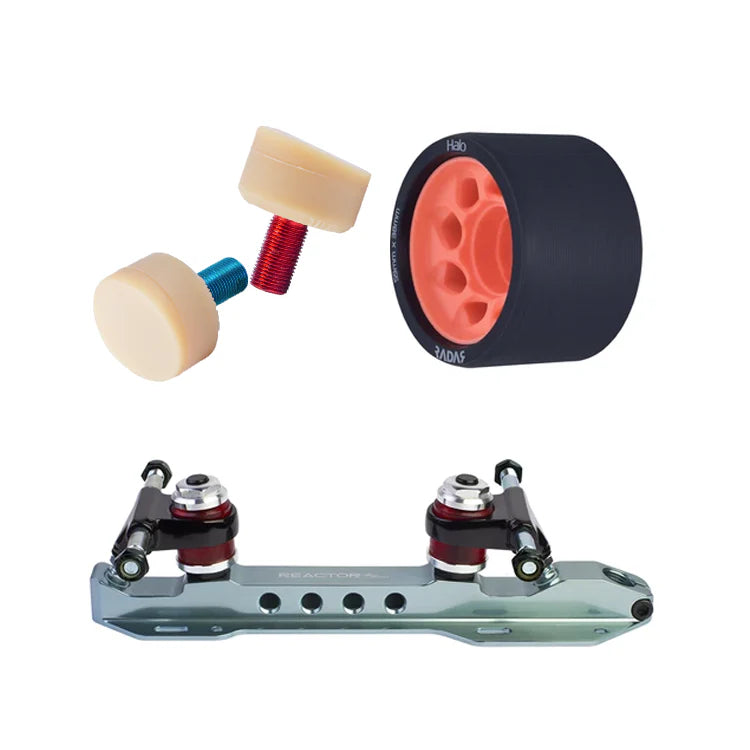 The image highlights components from the Antik - AR2 (Derby Set) by Sunshine Rollers, ideal for Park and Derby skating: a silver PowerDyne Reactor Pro plate with two red bushings, a black skate wheel with an orange core, and two ivory-colored toe stops fastened with blue and red screws.