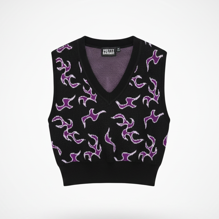 Pretty Damage - Black/Purple Tribal Flame, Sweater Vest, Cropped V-Neck