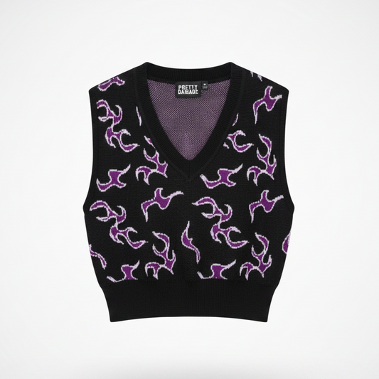 Pretty Damage - Black/Purple Tribal Flame, Sweater Vest, Cropped V-Neck