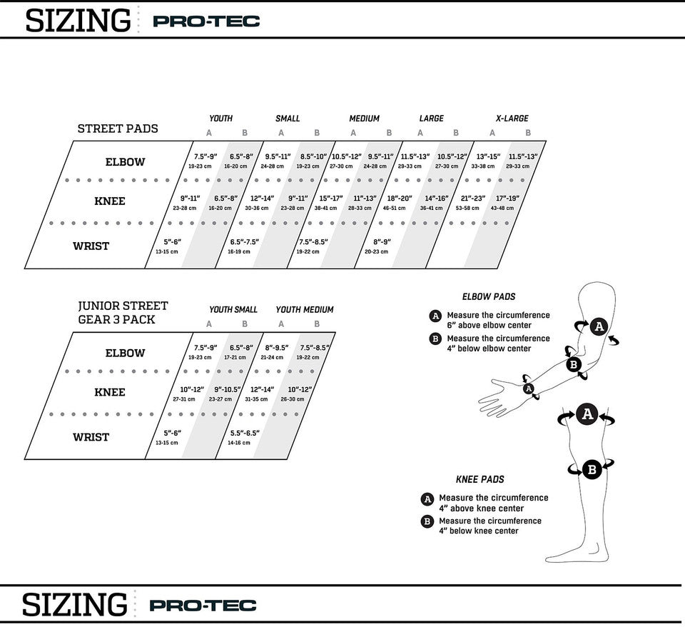 Pro-Tec Junior Street Gear Pads Knee Elbow Wrist Sizing Chart