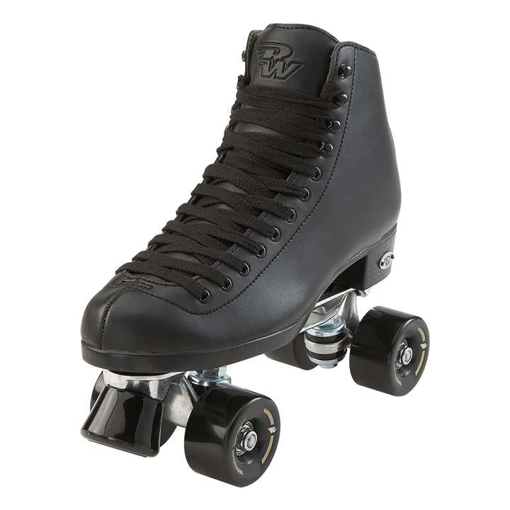 Check out the Skate Rental (Open Skate) by Sunshine Rollers at our skate shop. It features a sleek black leather high-top design with matching laces and four robust black wheels on metal axles. The boot is adorned with a logo on the side, offering style and durability for anyone eager to learn how to skate.