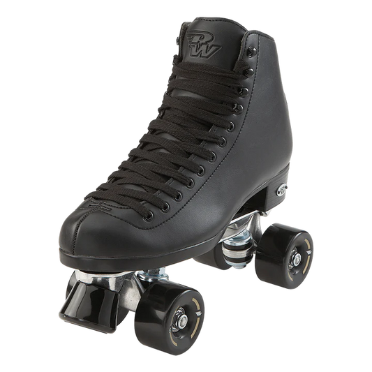 Check out the Skate Rental (Open Skate) by Sunshine Rollers at our skate shop. It features a sleek black leather high-top design with matching laces and four robust black wheels on metal axles. The boot is adorned with a logo on the side, offering style and durability for anyone eager to learn how to skate.