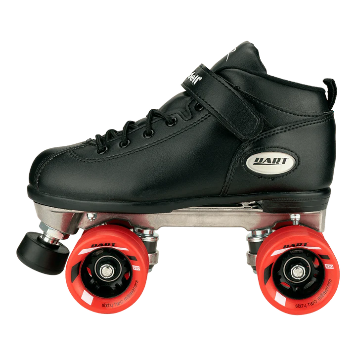 The Sunshine Rollers' Riedell - Dart roller skates feature a sleek design with bold red wheels and a robust boot equipped with both a lace-up front and Velcro strap. Skillfully crafted, they include die-cast aluminum components for enhanced durability and prominently showcase the Sunshine Rollers brand on the side.