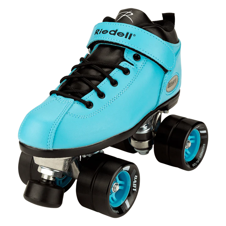 A vibrant blue Sunshine Rollers Dart skate with black wheels and a lace-up front showcases the brand name on both the strap and side. Designed with robust die-cast aluminum components and bold color highlights, this skate is ideal for skaters at any skill level, from beginners to experts.