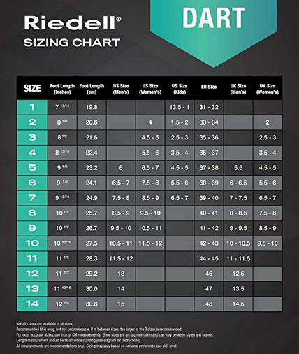 Sunshine Rollers' Riedell - Dart roller skates feature a sizing chart ranging from sizes 1 to 14, accompanied by foot lengths in both inches and centimeters. The chart provides corresponding size conversions for US (men's and women's), EU, and UK measurements. Instructions highlight the importance of achieving a snug fit to ensure optimal performance on the rink.