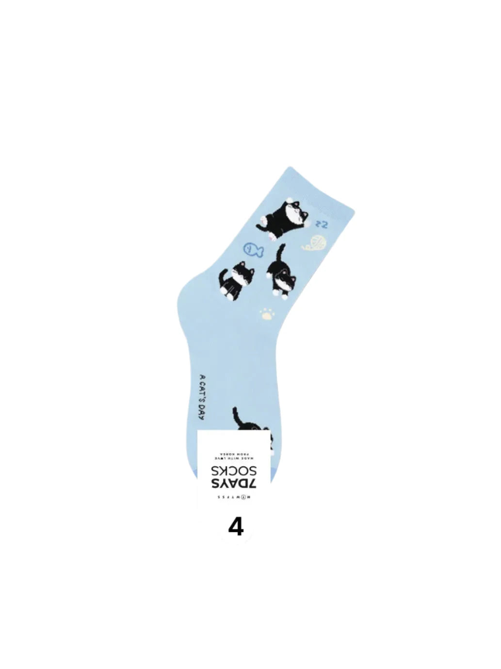 Light blue sock with black cat illustrations on a white background