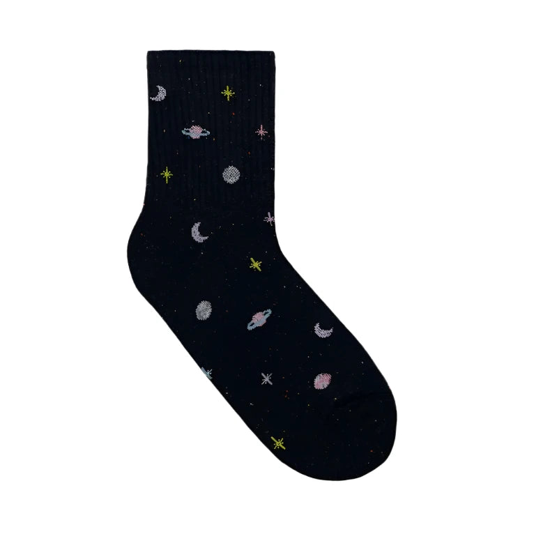 Black sock with space-themed designs on a white background
