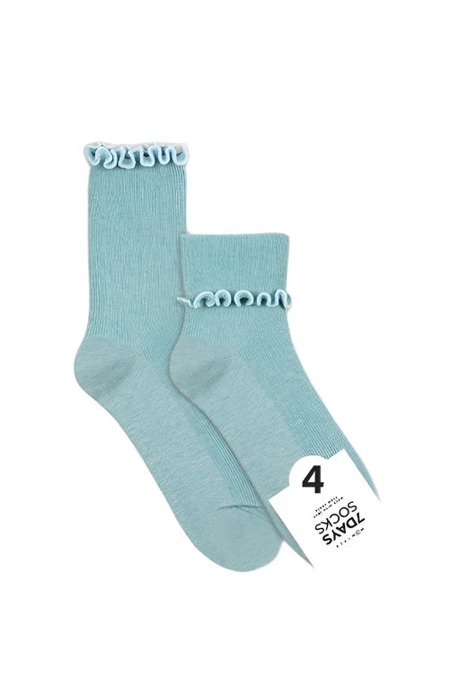 Pair of light blue socks with ruffled top on a white background