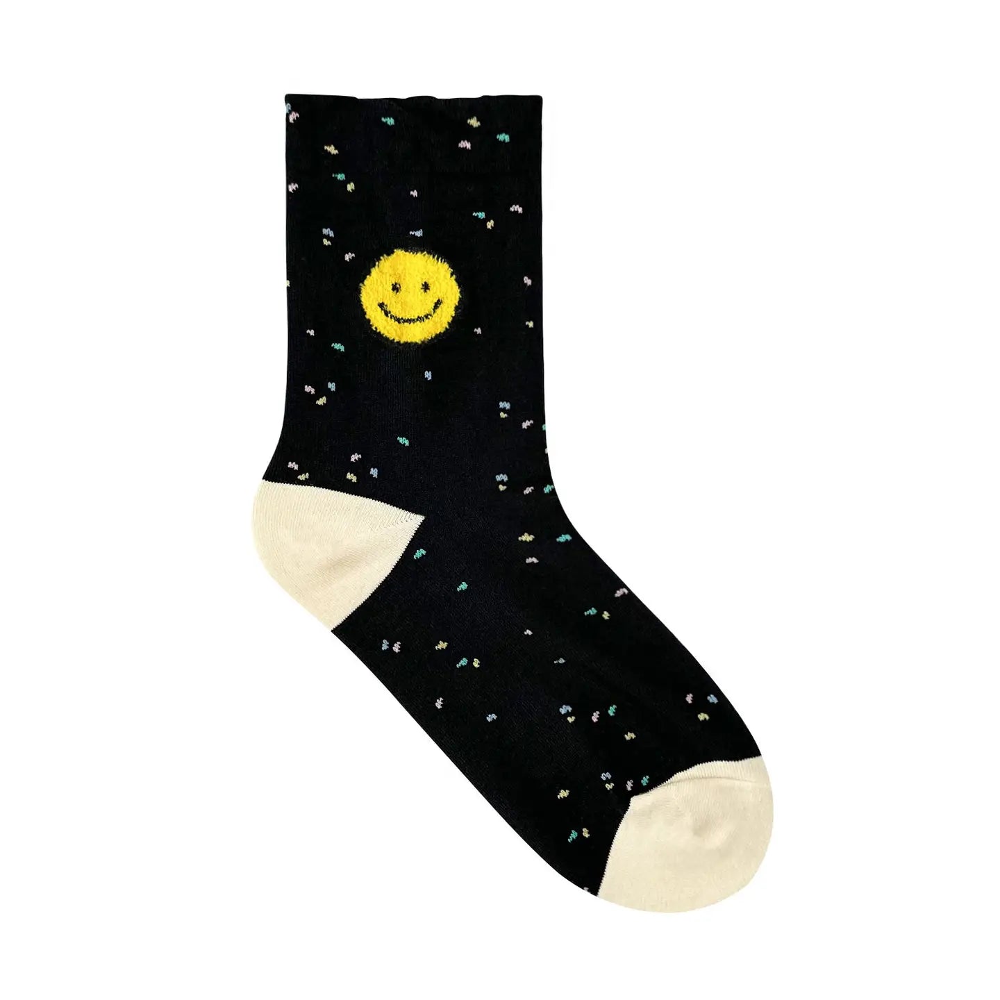 Black sock with a yellow smiley face and white polka dots on a white background