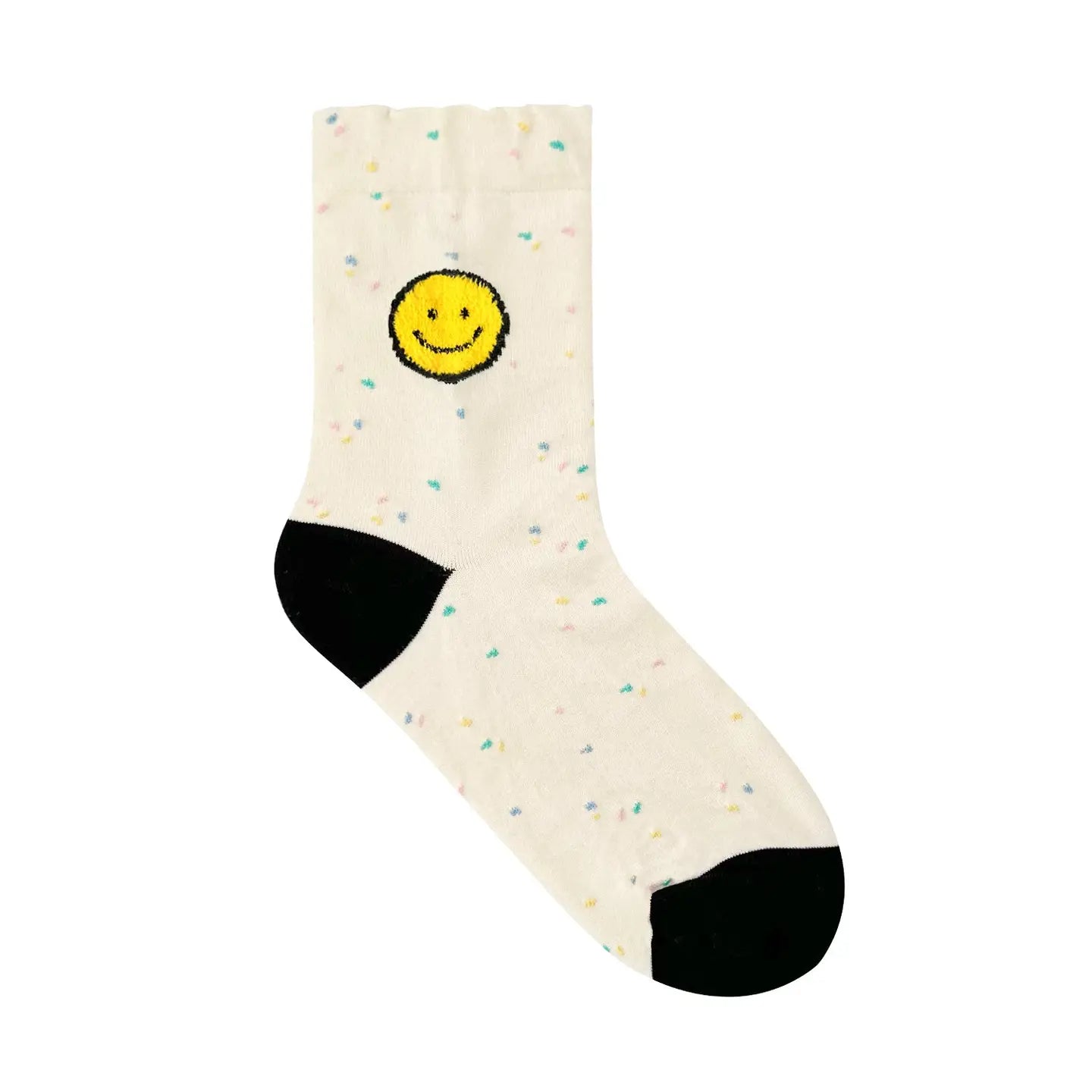 Beige sock with a smiley face design on a white background