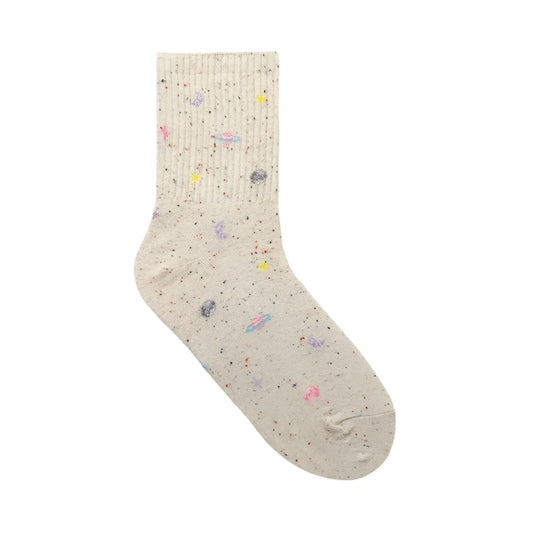 Beige sock with colorful speckles on a white background