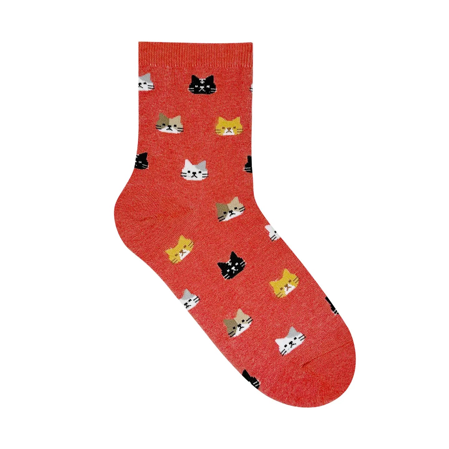 Red sock with cat pattern on a white background