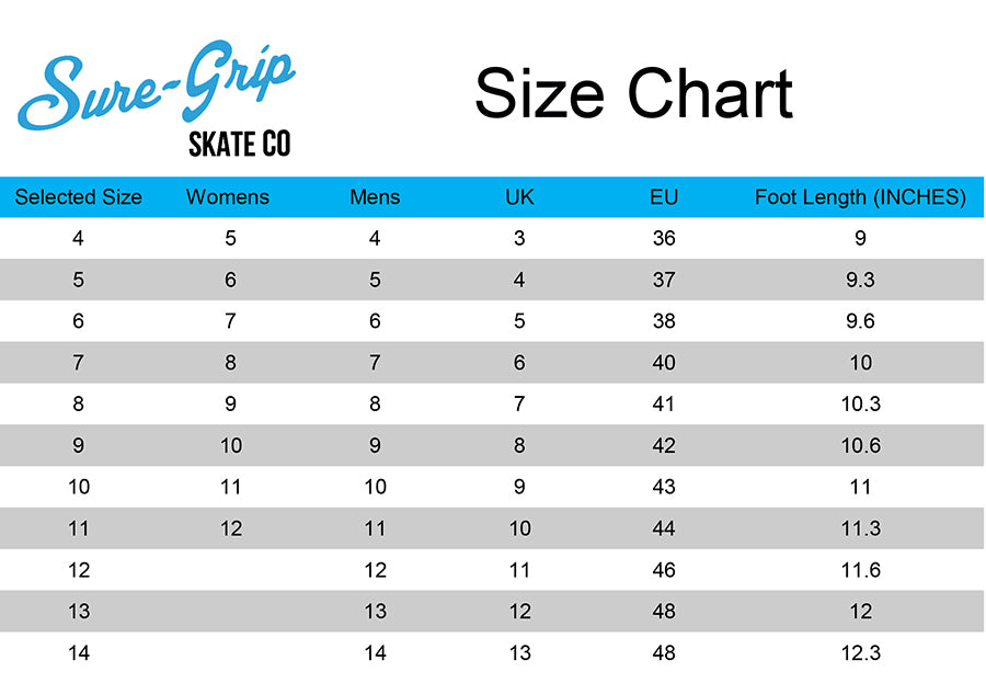 Sure Grip Boardwalk Plus Roller Skates Sizing Chart