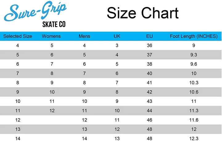 Sure Grip Boardwalk Roller Skates Tea Berry Pink Sizing Chart