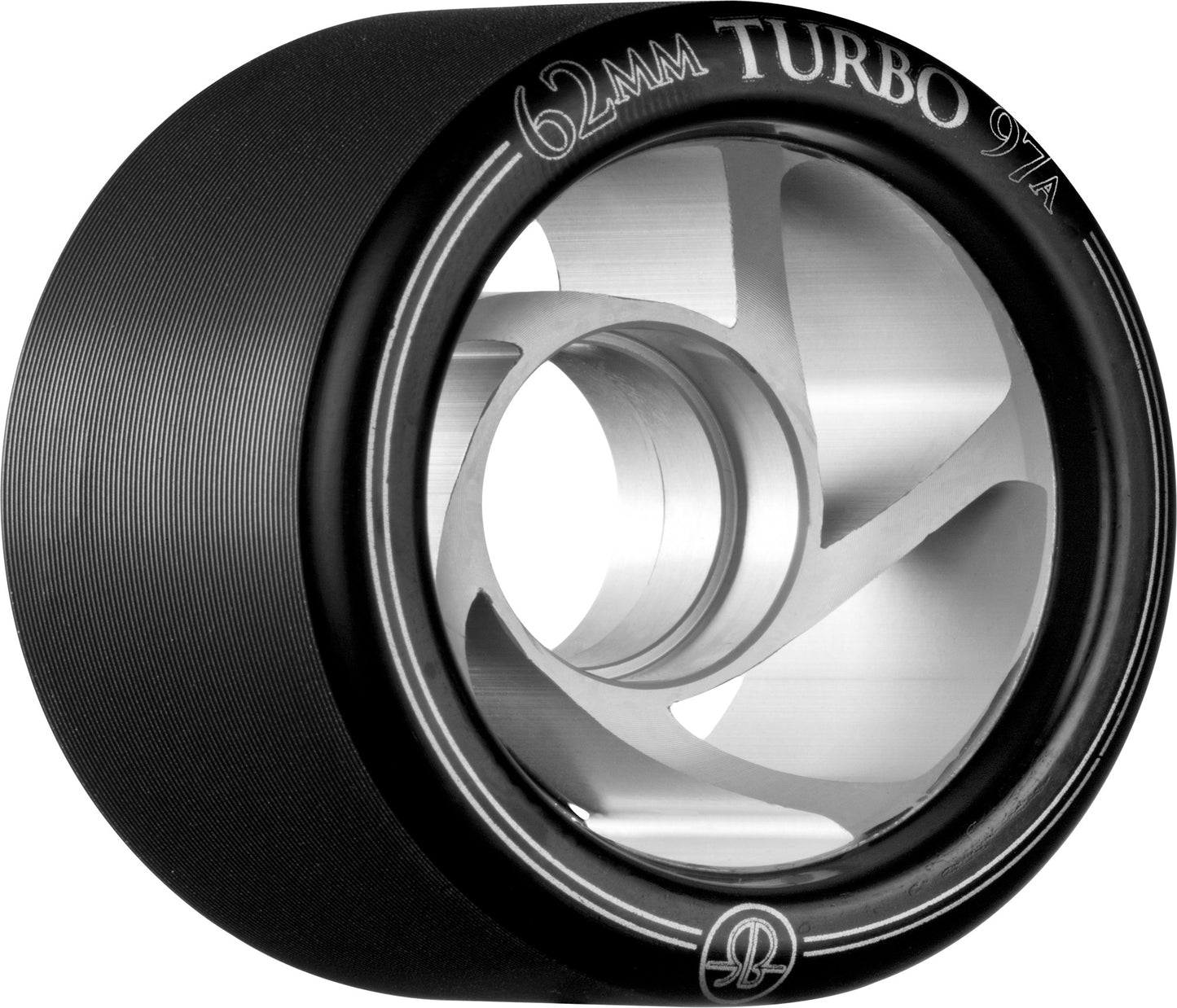 A close-up view of a Rollerbones Turbo Wheel from Sunshine Rollers highlights its black exterior and silver interior, with the label 62mm Turbo 97A on the outer rim. Crafted from premium urethane compounds, this wheel boasts a smooth, glossy finish designed for enhanced performance.